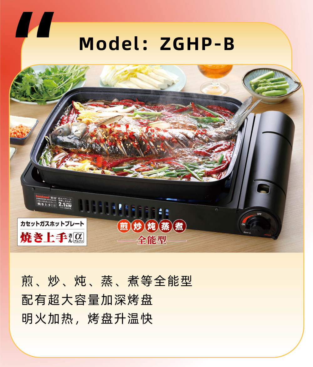 煎、炒、炖、蒸、煮等(deng)全能(néng)型，配(pei)有(yǒu)超大(da)容量加(jia)深烤盤，明火加(jia)熱，烤盤升溫快
